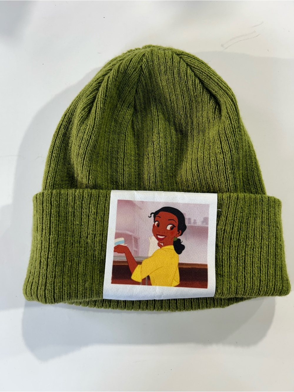 Kids Olive Green Knit Beanie Hat with Princess Tiana